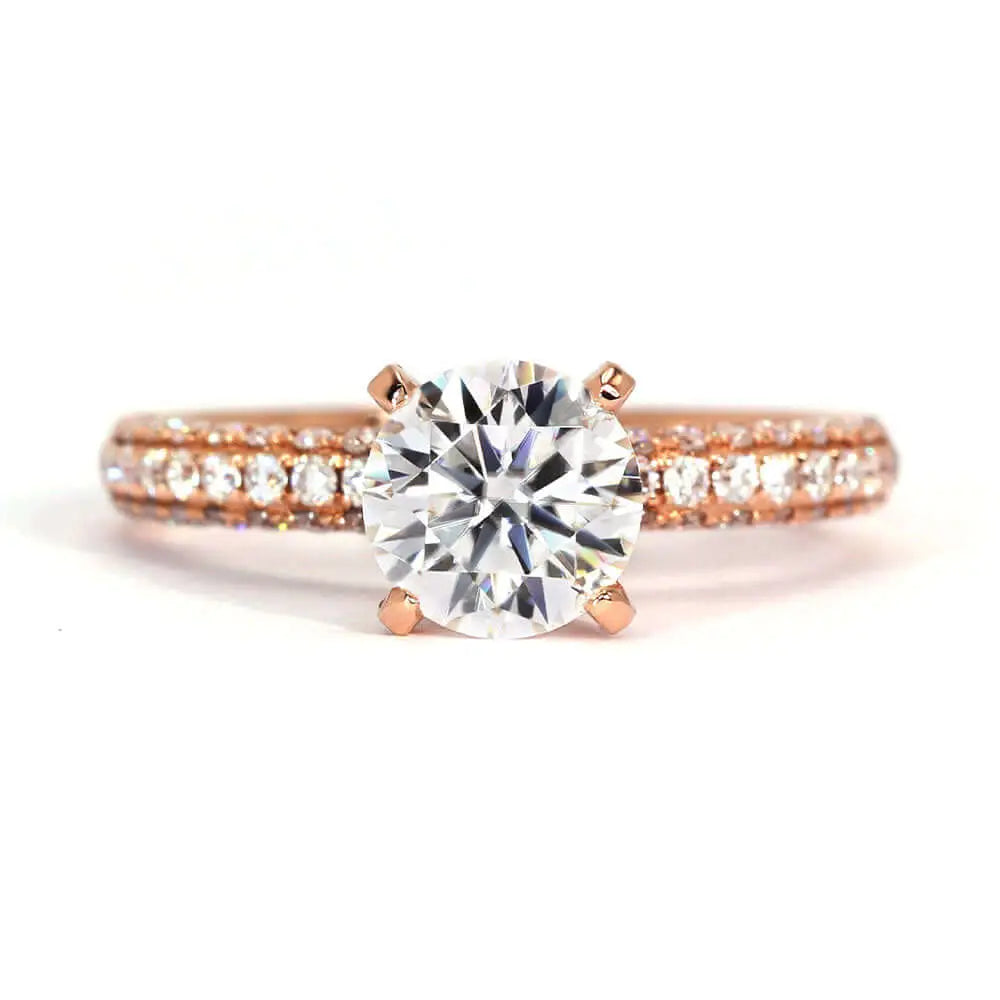 Anne Round Moissanite with Accented 4 Prong Setting in Pave Band Ring in 18K gold - LeCaine Gems