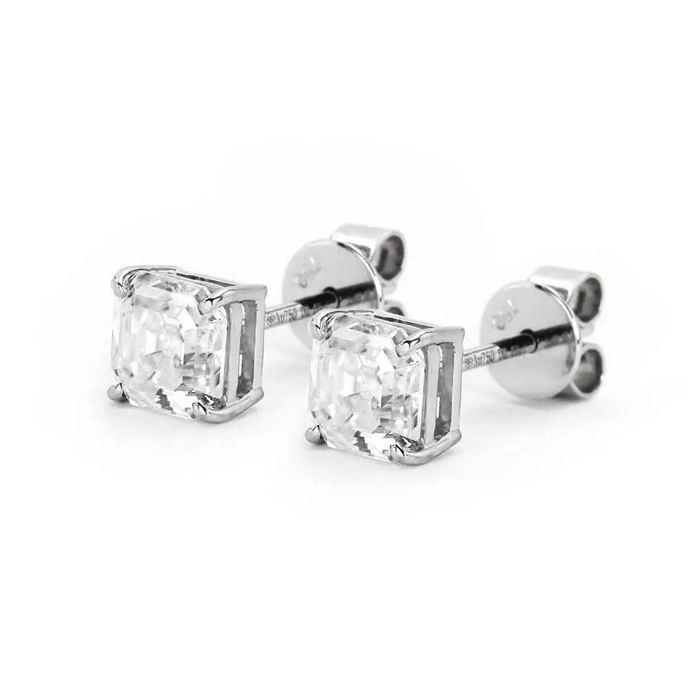 Asscher Moissanite 18K Gold Stud Earrings With Basket Setting - LeCaine Gems