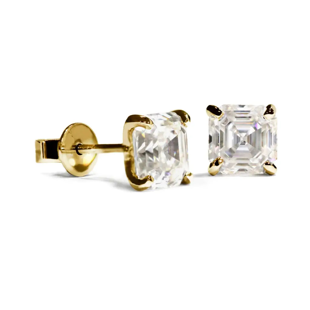 Asscher Moissanite Solitaire in 4 Prong Setting Stud Earrings in 18K gold - LeCaine Gems