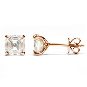 Asscher Moissanite Solitaire in 4 Prong Setting Stud Earrings in 18K gold - LeCaine Gems