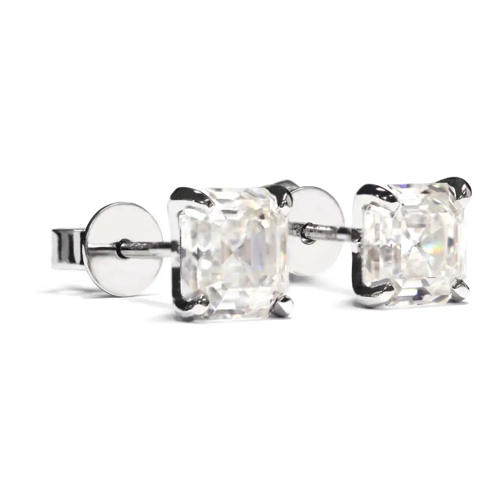 Asscher Moissanite Solitaire in 4 Prong Setting Stud Earrings in Platinum - LeCaine Gems