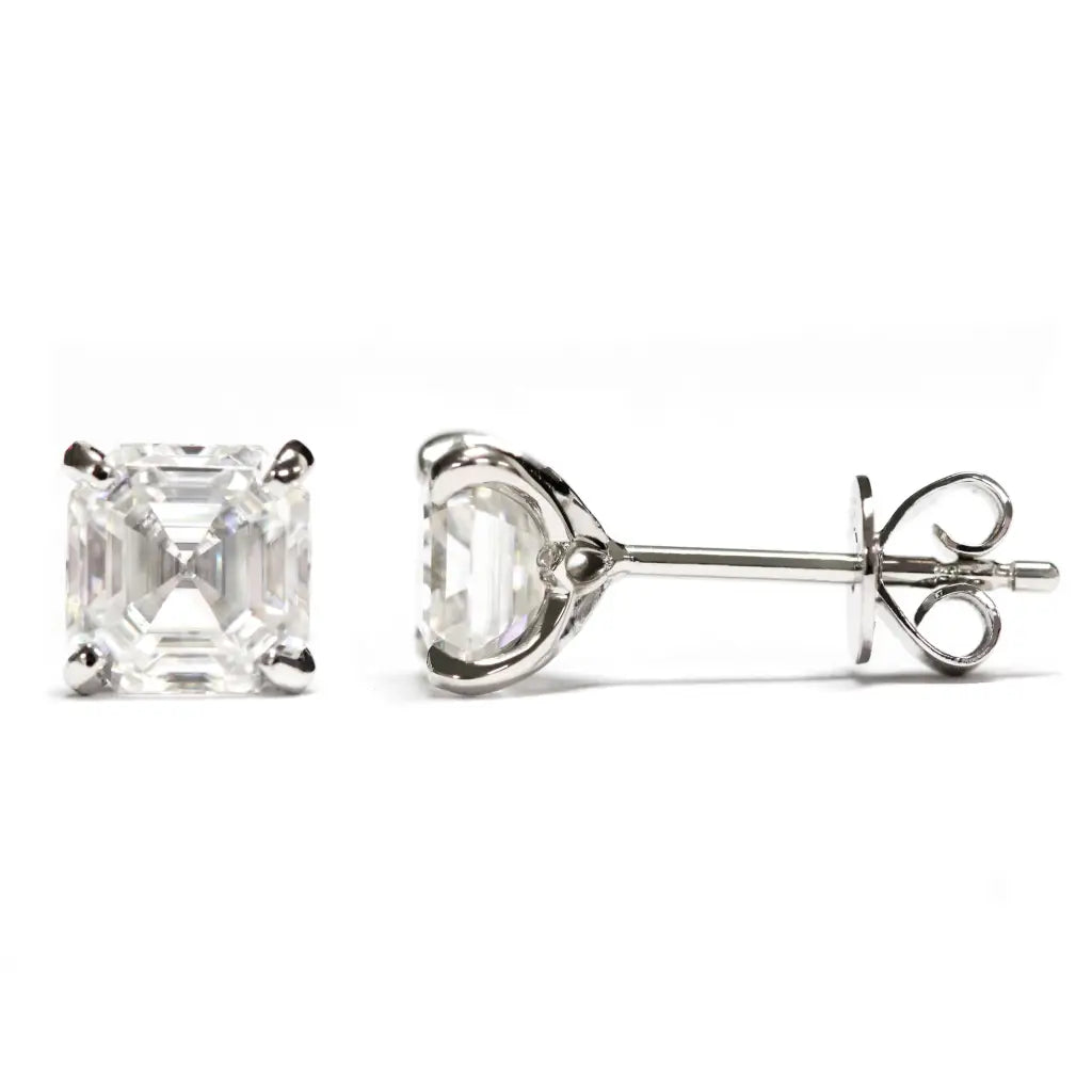 Asscher Moissanite Solitaire in 4 Prong Setting Stud Earrings in Platinum - LeCaine Gems