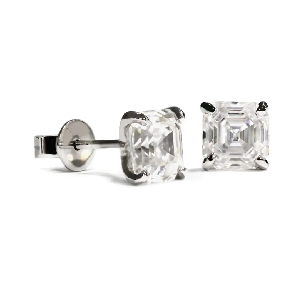 Asscher Moissanite Solitaire in 4 Prong Setting Stud Earrings in Platinum - LeCaine Gems