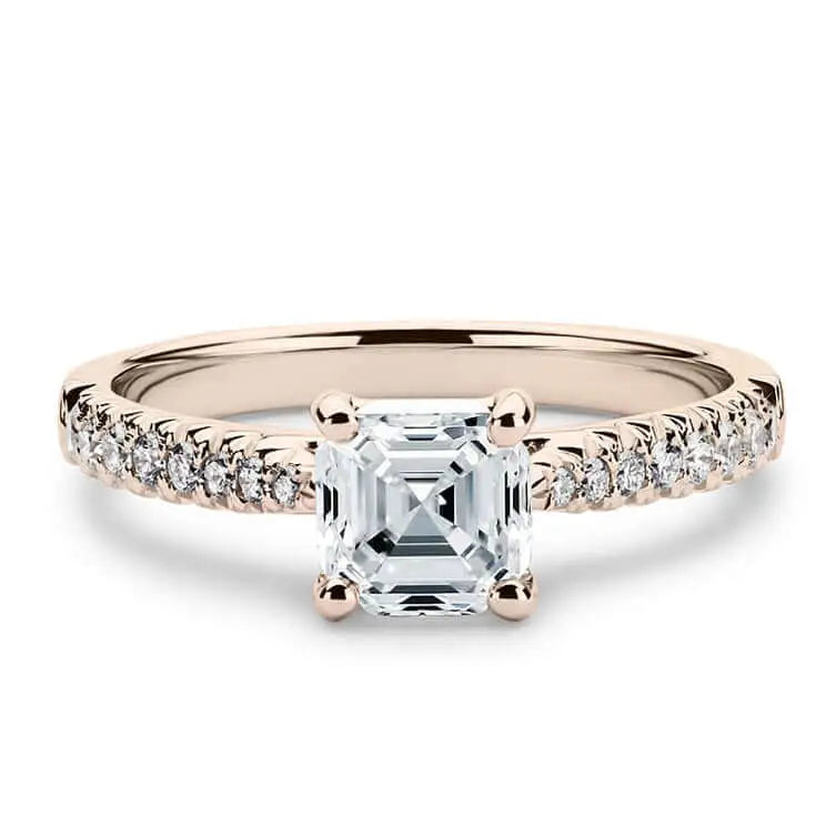 Asscher Moissanite with Tapered Pave Band Ring in 18K Rose Gold - LeCaine Gems