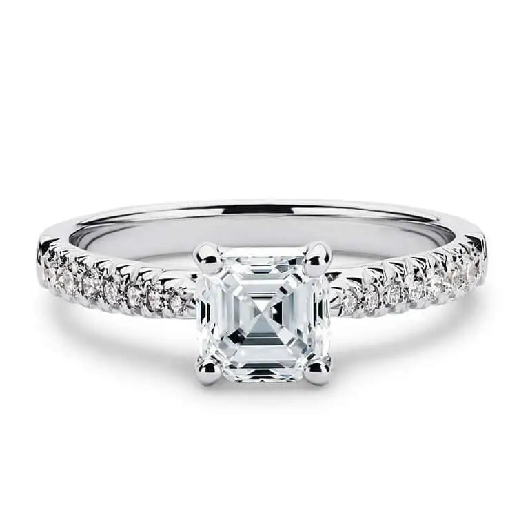 Asscher Moissanite with Tapered Pave Band Ring in 18K White gold - LeCaine Gems