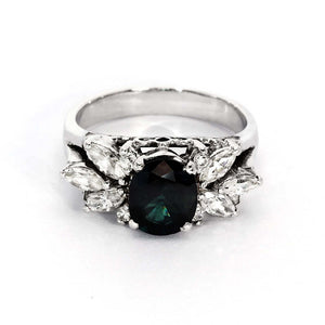 Aurora Oval Forest Green Moissanite with Ornate Side Stones Ring in 18K Gold - LeCaine Gems