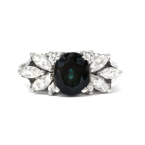 Aurora Oval Forest Green Moissanite with Ornate Side Stones Ring in 18K Gold - LeCaine Gems