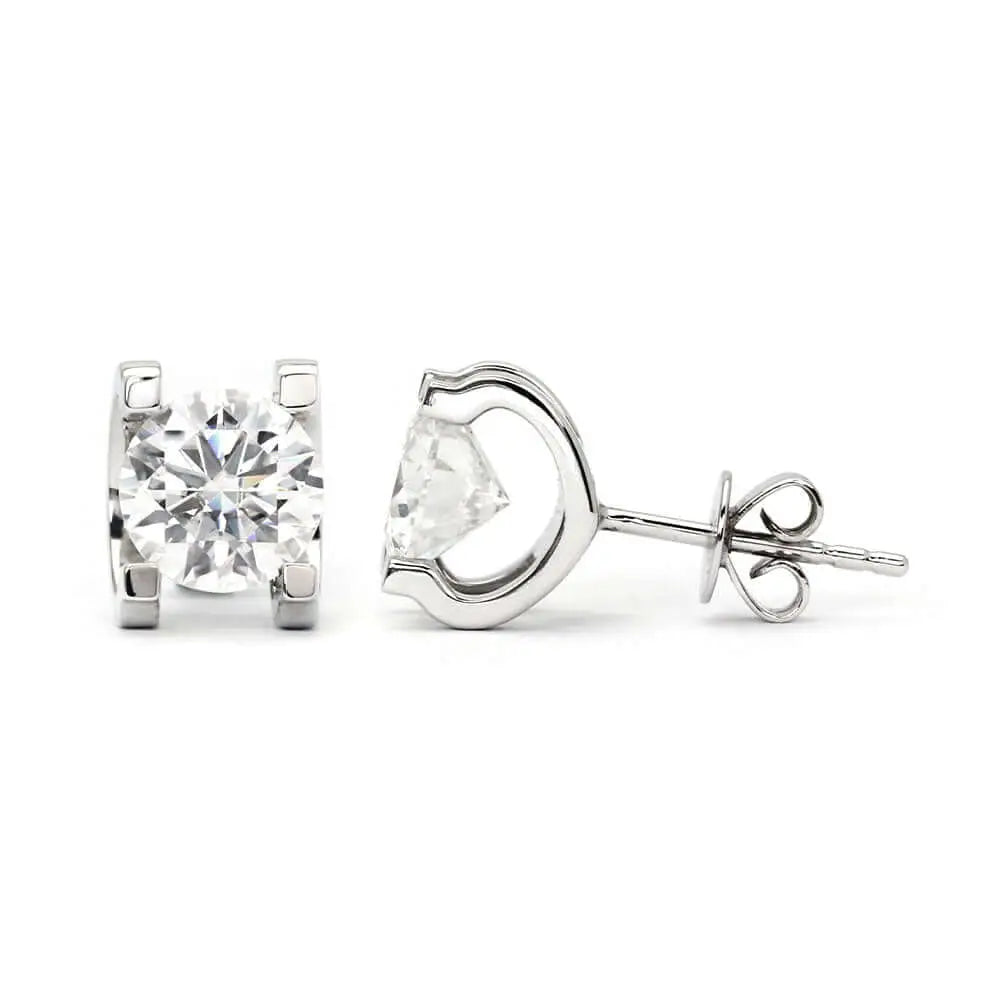 Azeri Round Moissanite Solitaire with 4 Prong Horseshoe Setting Stud Earrings in 18K Gold - LeCaine Gems