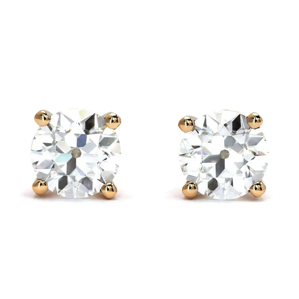 Blanche Round Old European Cut Moissanite Solitaire Stud Earrings in 18K gold - LeCaine Gems