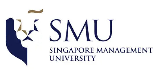 Blue and gold logo for singapore management university featuring a stylized hand holding an abstract shape.