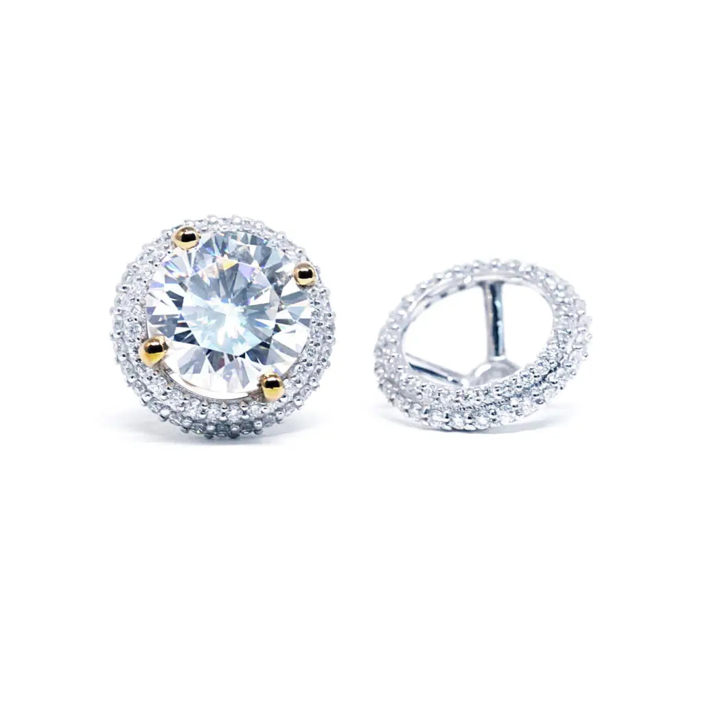 Camellia Round Moissanite Solitaire with Detachable Halo Jackets Stud Earrings in 18K gold - LeCaine Gems