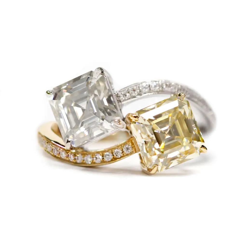 Canary Fancy Yellow and Colourless Asscher Cut Moissanite Ring - LeCaine Gems