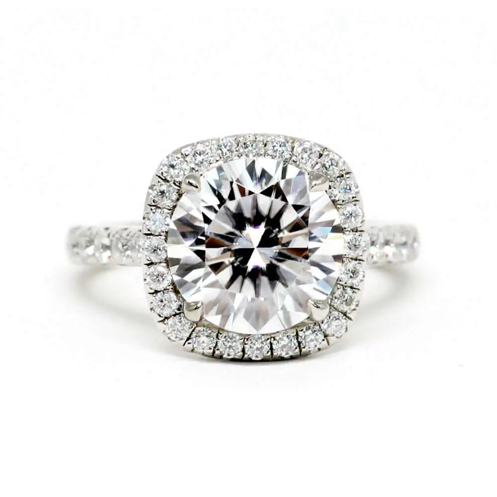 Christie Round Moissanite with Cushion Halo in Cathedral Set Pave Band Ring in 18K gold - LeCaine Gems