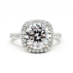 Christie Round Moissanite with Cushion Halo in Cathedral Set Pave Band Ring in 18K gold - LeCaine Gems