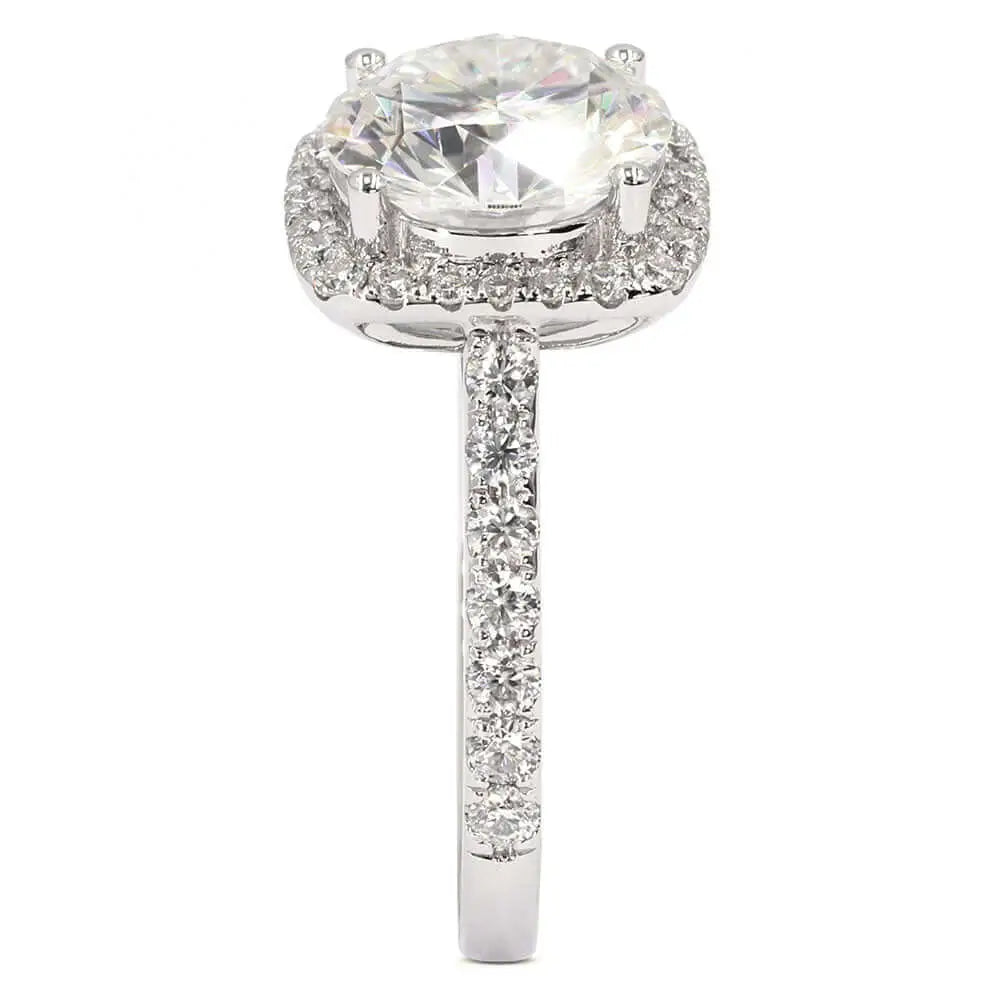 Christie Round Moissanite with Cushion Halo in Cathedral Set Pave Band Ring in 18K gold - LeCaine Gems