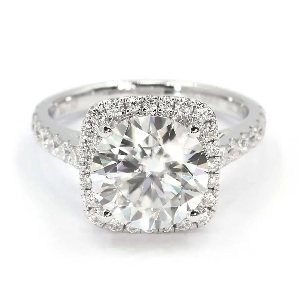 Christie Round Moissanite with Cushion Halo in Cathedral Set Pave Band Ring in 18K gold - LeCaine Gems