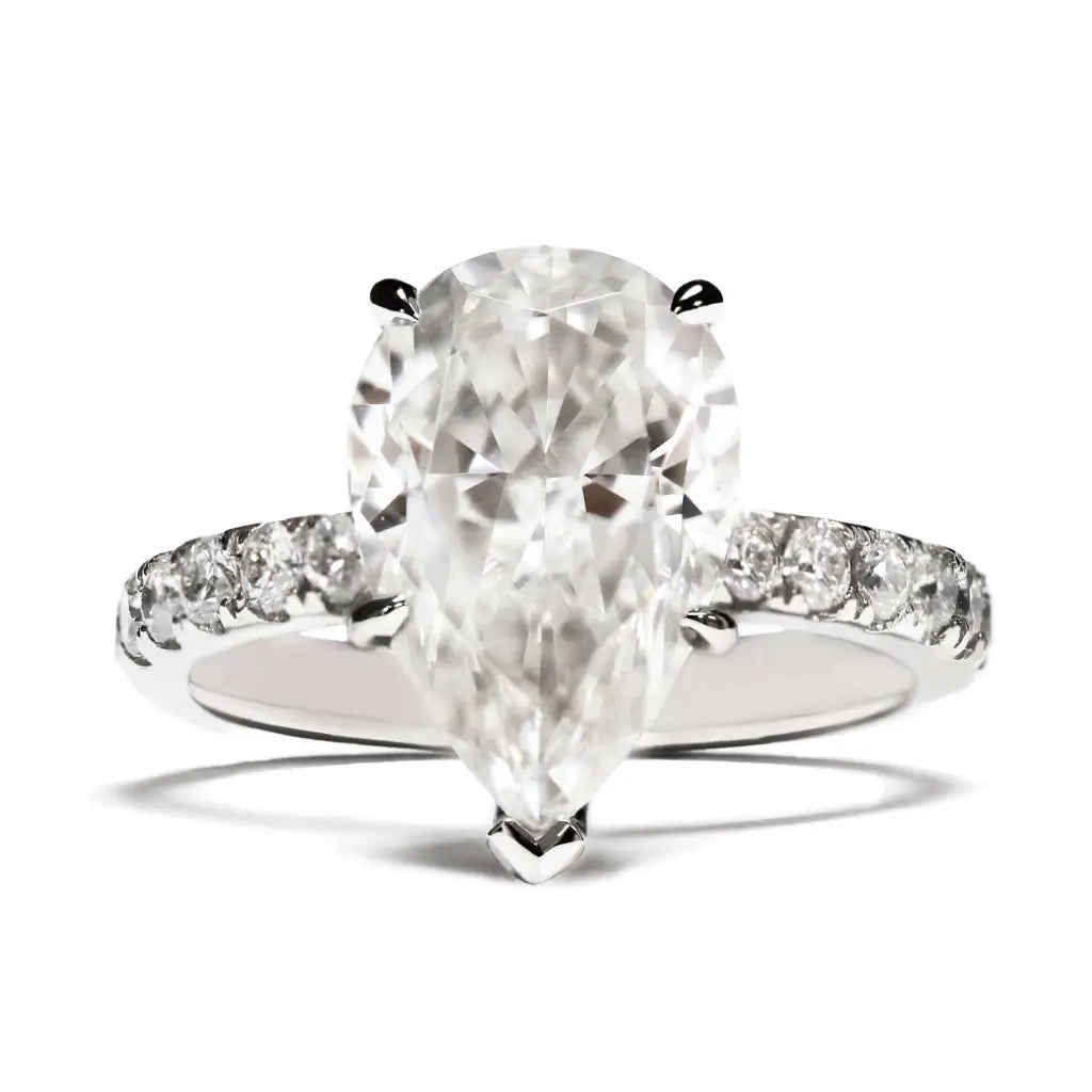 Nerissa Pear Moissanite Hidden Halo Accented with Pave Band Ring in 18K gold - LeCaine Gems