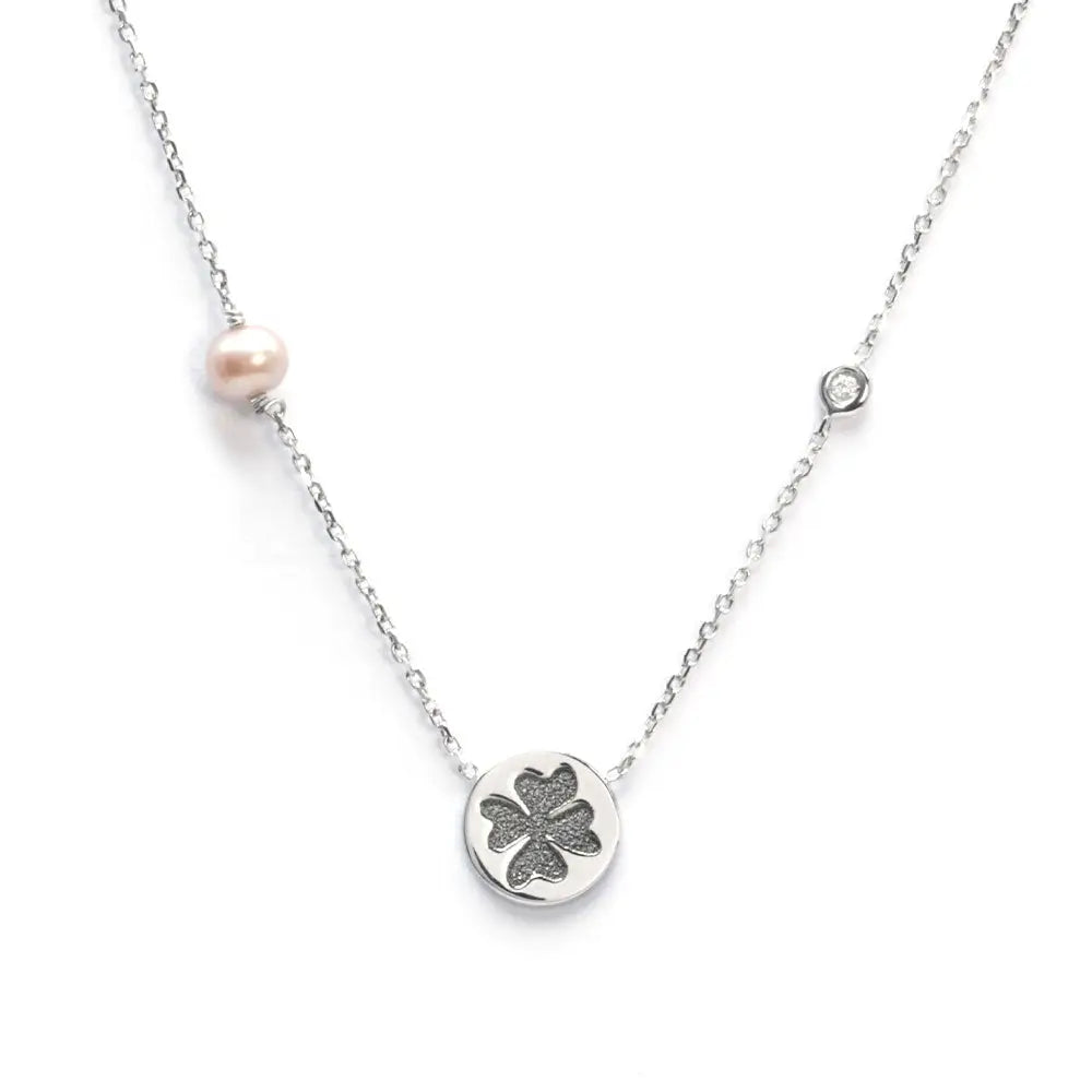 Clover Necklace with Akoya Pearl & Diamond in 18K White