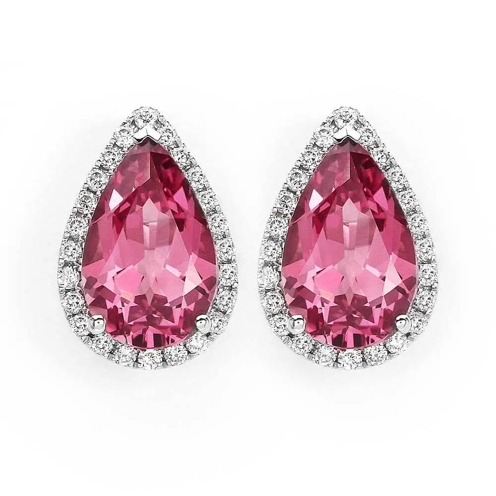 Coral Pink Sapphire Pear Cut Earrings in 18K Gold - LeCaine Gems