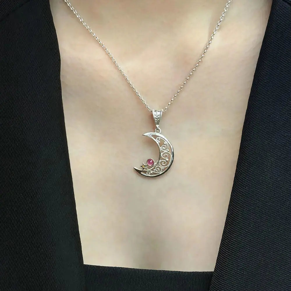 Crescent Moon & Star Necklace Sterling Silver (PAX14)