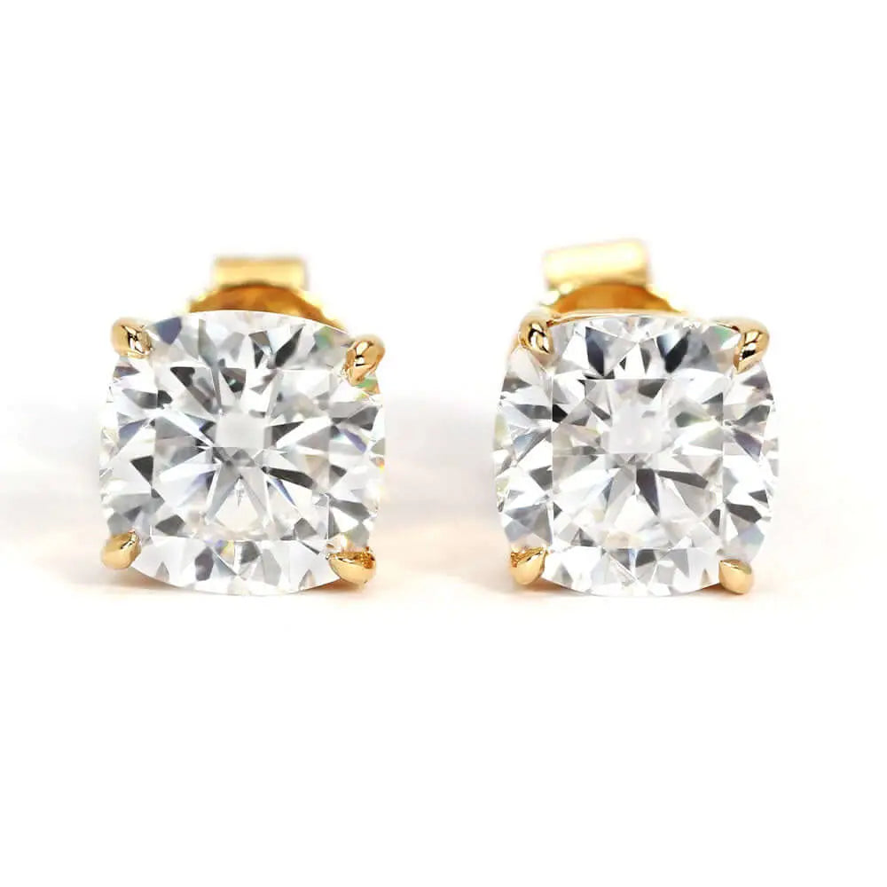 Cushion Cut Moissanite Solitaire in Basket Setting Stud Earrings in 18K gold - LeCaine Gems