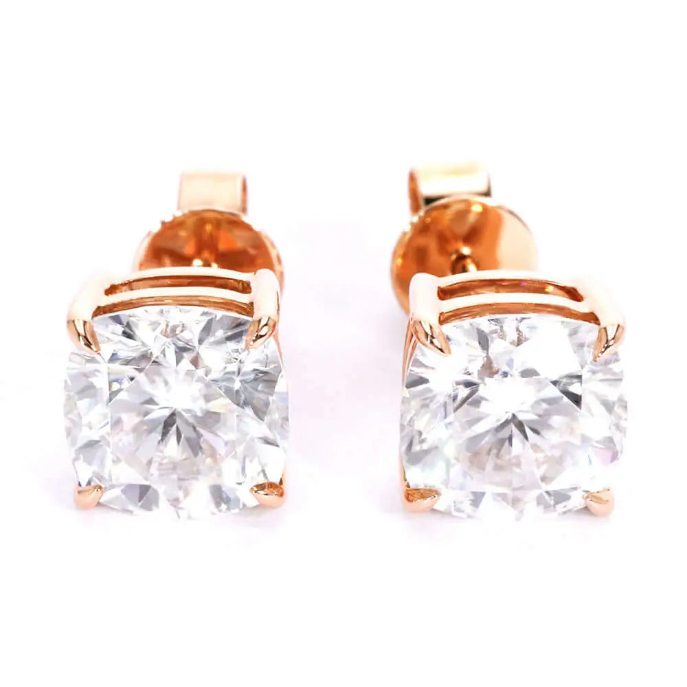 Cushion Cut Moissanite Solitaire in Basket Setting Stud Earrings in 18K gold - LeCaine Gems