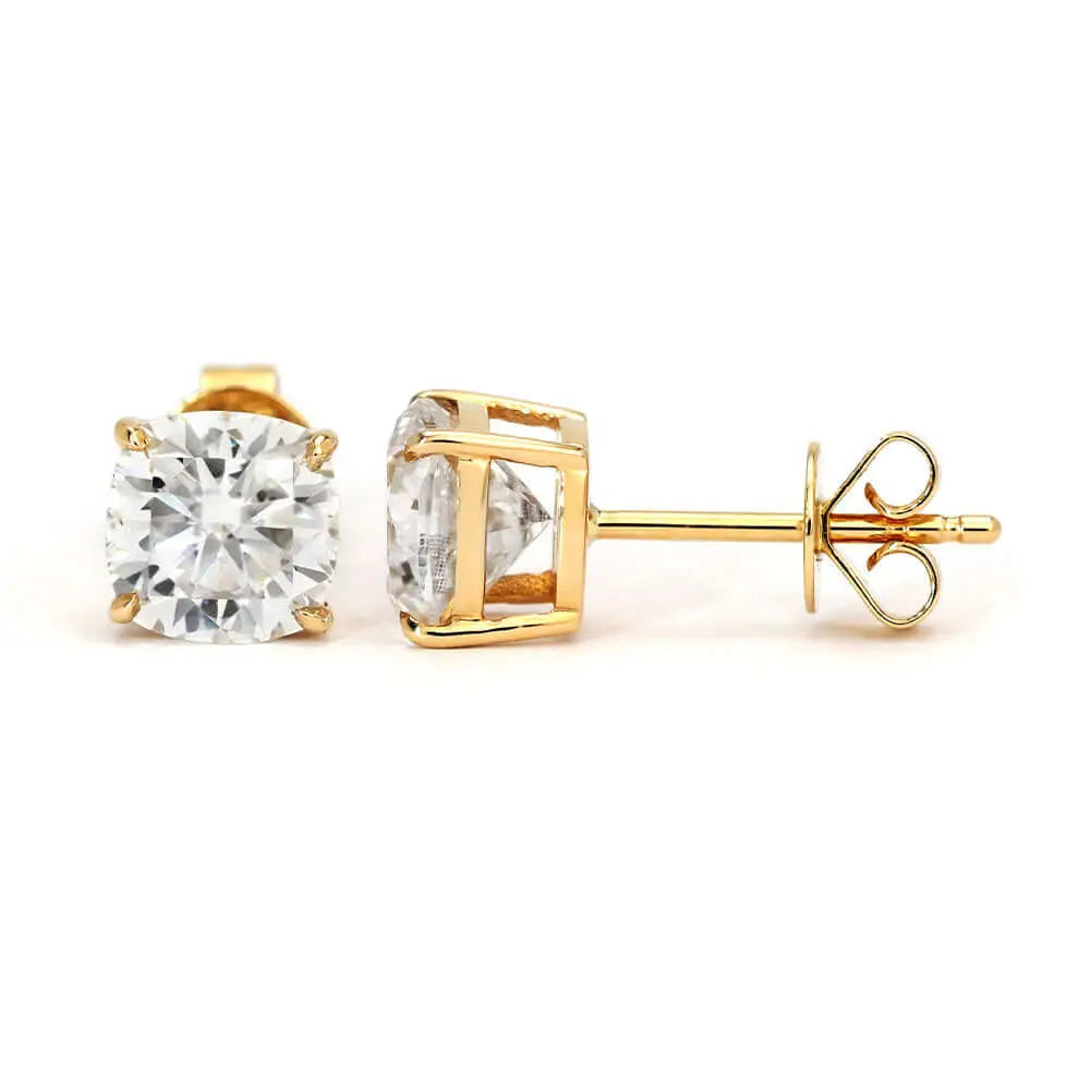 Cushion Cut Moissanite Solitaire in Basket Setting Stud Earrings in 18K gold - LeCaine Gems