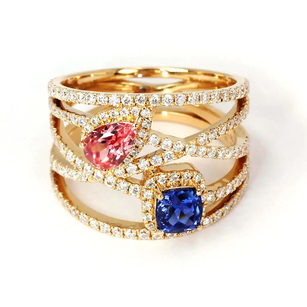 Daphne Pear and Cushion Lab Grown Sapphire with Multi Pave Band Ring in 18K Gold - LeCaine Gems