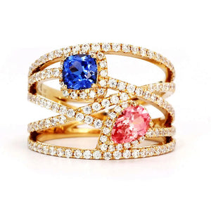 Daphne Pear and Cushion Lab Grown Sapphire with Multi Pave Band Ring in 18K Gold - LeCaine Gems