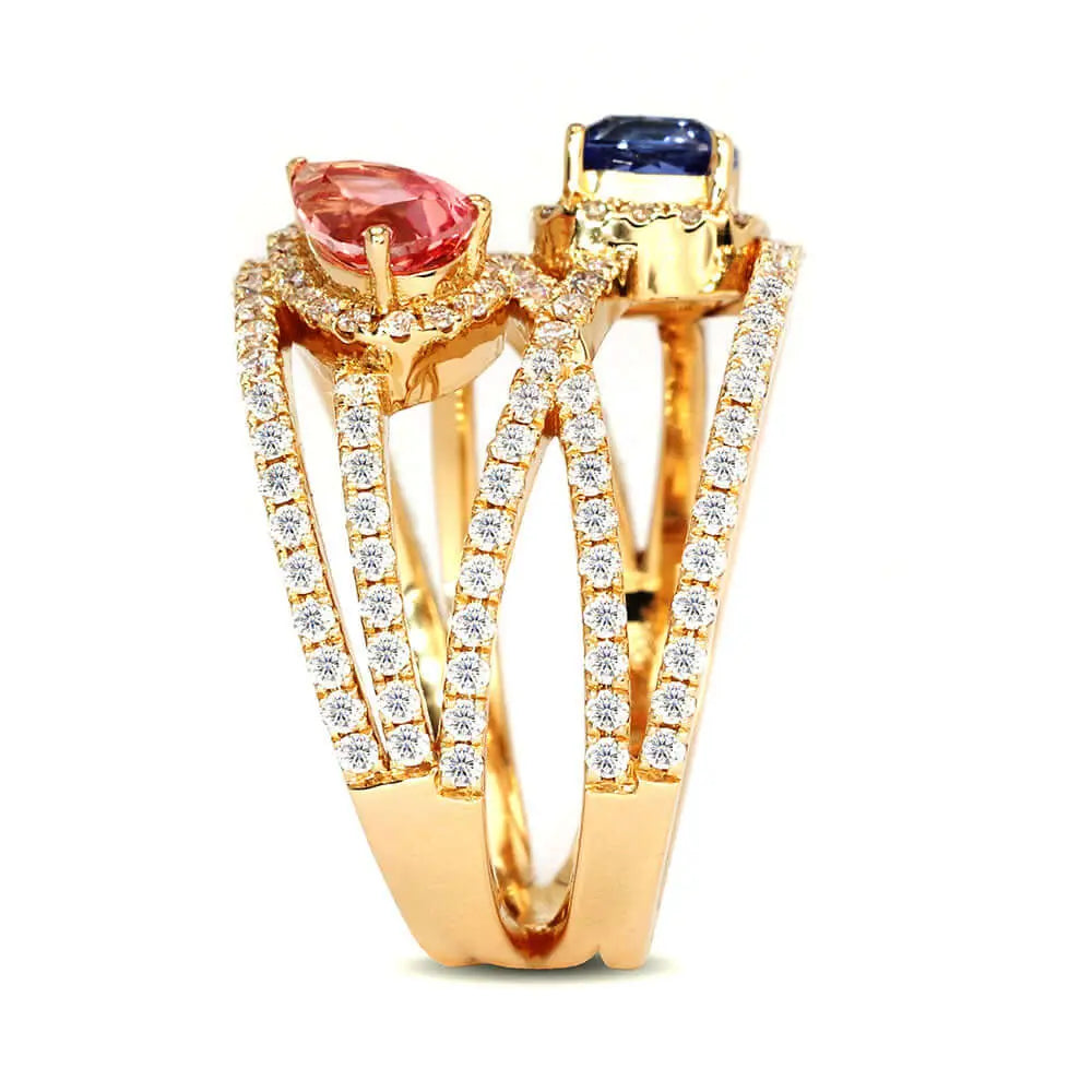 Daphne Pear and Cushion Lab Grown Sapphire with Multi Pave Band Ring in 18K Gold - LeCaine Gems