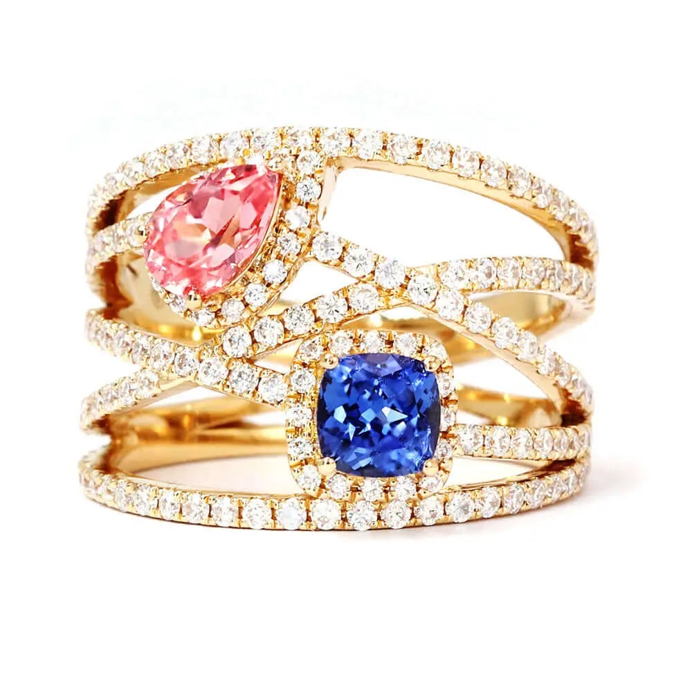 Daphne Pear and Cushion Lab Grown Sapphire with Multi Pave Band Ring in 18K Gold - LeCaine Gems