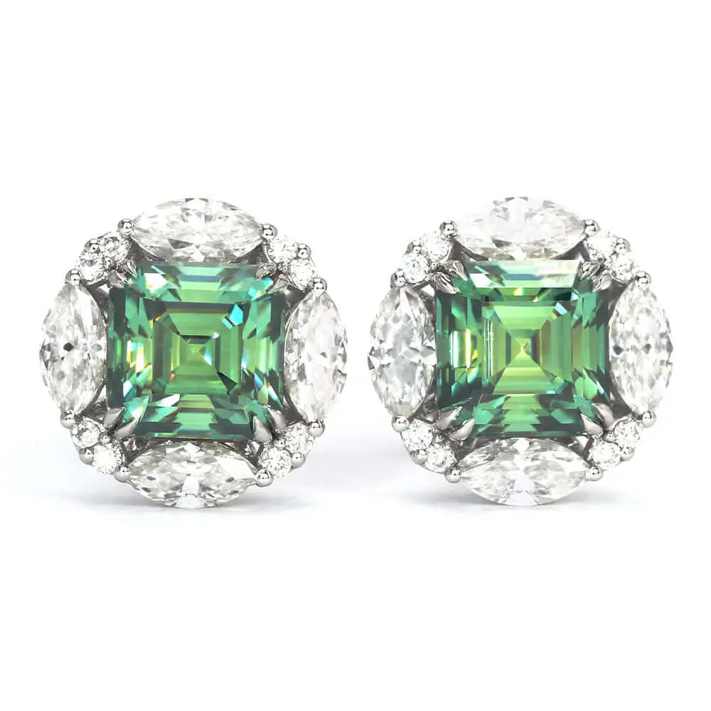 Dara Asscher Green Moissanite with Fancy Halo Stud Earrings in 18K Gold - LeCaine Gems