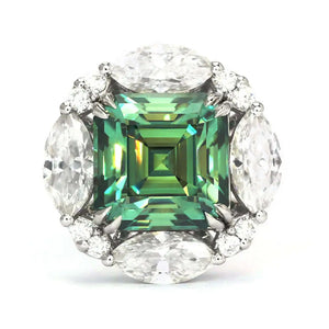 Dara Asscher Green Moissanite with Fancy Halo Stud Earrings in 18K Gold - LeCaine Gems