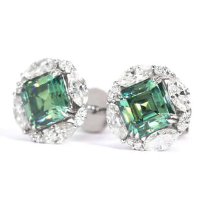 Dara Asscher Green Moissanite with Fancy Halo Stud Earrings in 18K Gold - LeCaine Gems