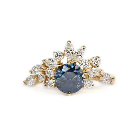 Delilah Blue Grey Moissanite with Lab Grown Diamonds Ring in 18K gold