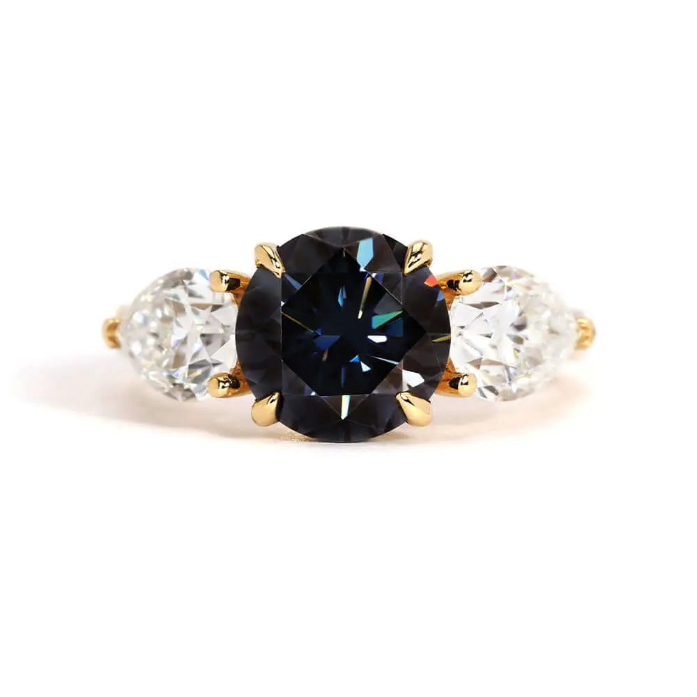 Demi Blue Grey Moissanite with Pear Side Stones Trilogy Ring in 18K gold - LeCaine Gems