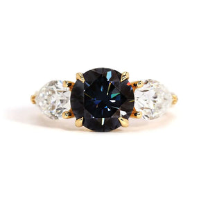 Demi Blue Grey Moissanite with Pear Side Stones Trilogy Ring in 18K gold - LeCaine Gems