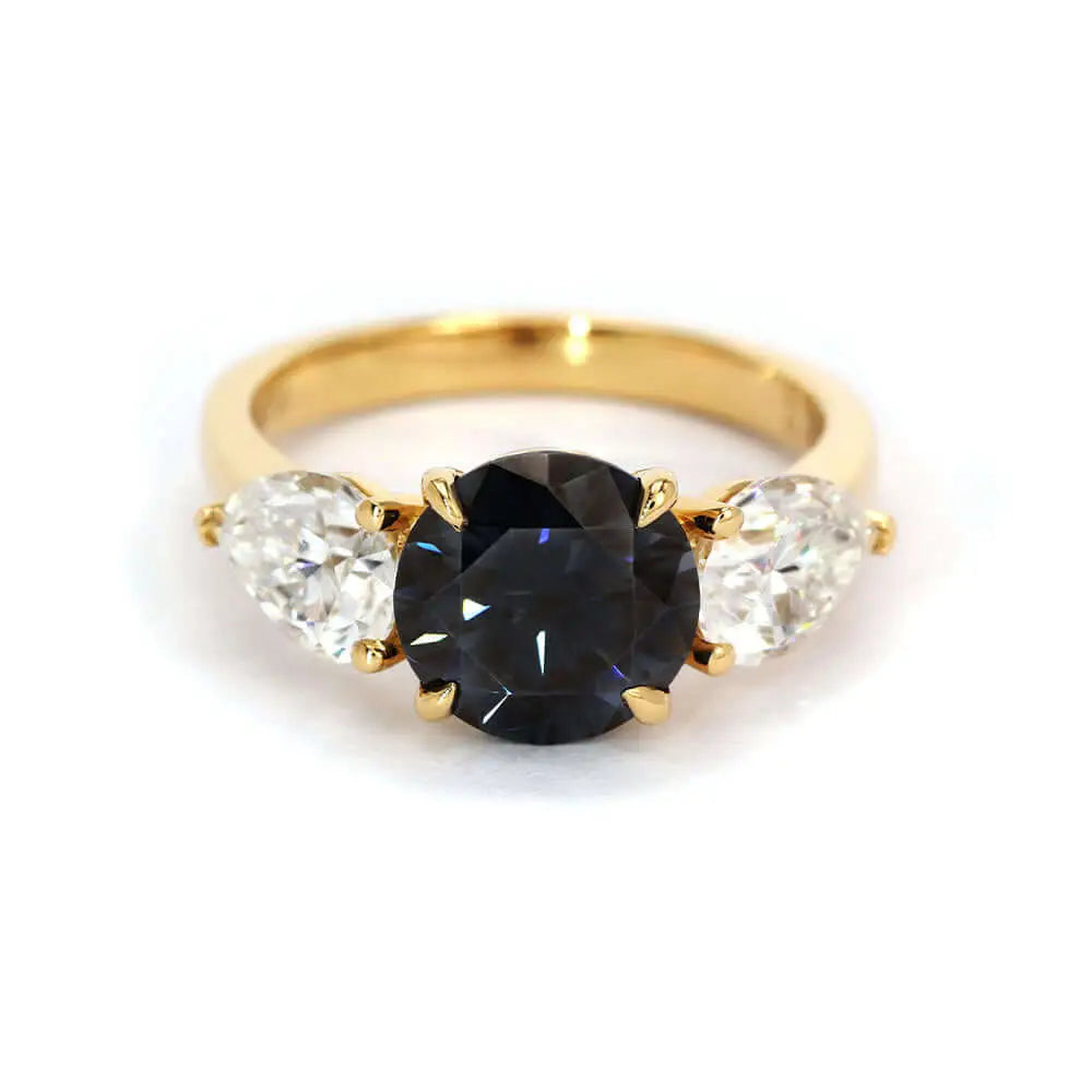 Demi Blue Grey Moissanite with Pear Side Stones Trilogy Ring in 18K gold - LeCaine Gems