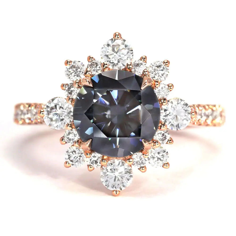 Earl Round Grey Blue Moissanite with Decorative Halo in Pave Band Ring in 18K gold - LeCaine Gems