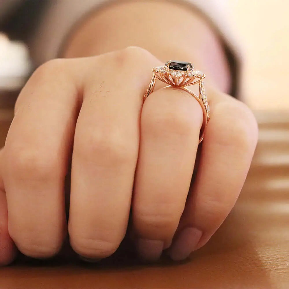 Earl Round Grey Blue Moissanite with Decorative Halo in Pave Band Ring in 18K gold - LeCaine Gems