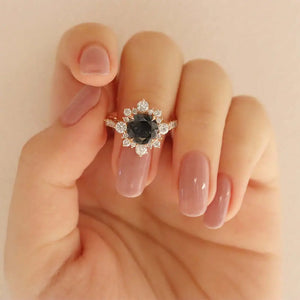 Earl Round Grey Blue Moissanite with Decorative Halo in Pave Band Ring in 18K gold - LeCaine Gems