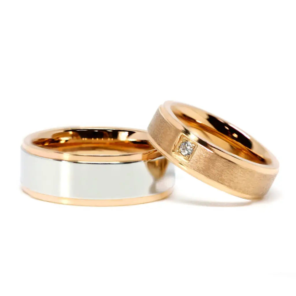 Edessa Moissanite Accented Duo Tone Matching Wedding Rings in 18K gold - LeCaine Gems