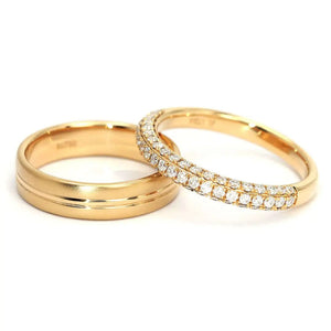 Edwina Round Moissanite Micro Pave Band and Dual Finished Wedding Rings in 18K gold - LeCaine Gems