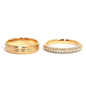 Edwina Round Moissanite Micro Pave Band and Dual Finished Wedding Rings in 18K gold - LeCaine Gems