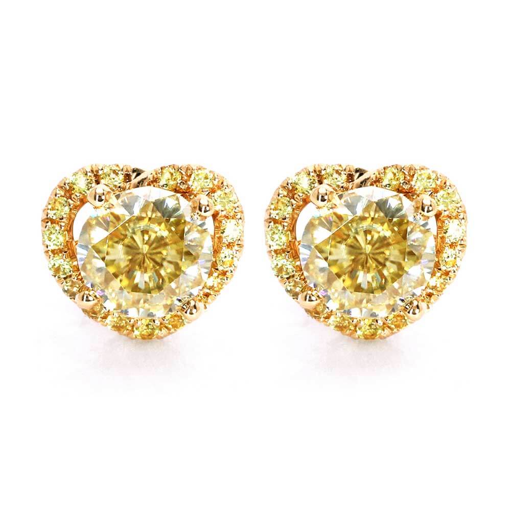 Elene Round Fancy Yellow Moissanite with Heart Shaped Halo Jacket Stud Earrings in 18K Gold - LeCaine Gems