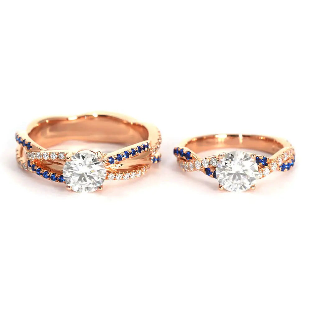 Eliot Moissanite & Lab Grown Sapphire Matching Wedding Rings in 18K Gold