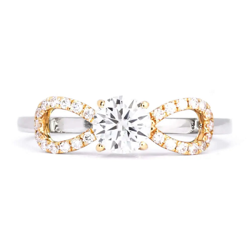 Elly Round Moissanite Solitaire with Infinity Loop Band Ring in 18K Gold - LeCaine Gems