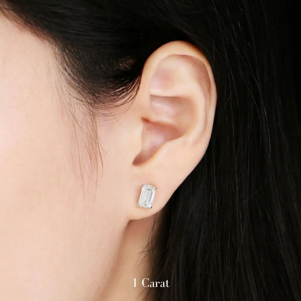 Emerald Moissanite Solitaire in Basket Setting Stud Earrings - LeCaine Gems