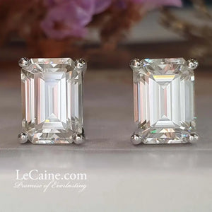 Emerald Moissanite Solitaire in Basket Setting Stud Earrings in 18K gold - LeCaine Gems