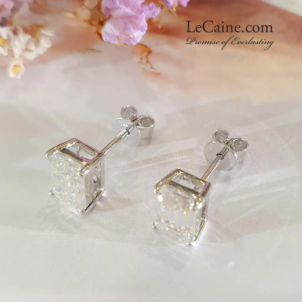 Emerald Moissanite Solitaire in Basket Setting Stud Earrings in 18K gold - LeCaine Gems